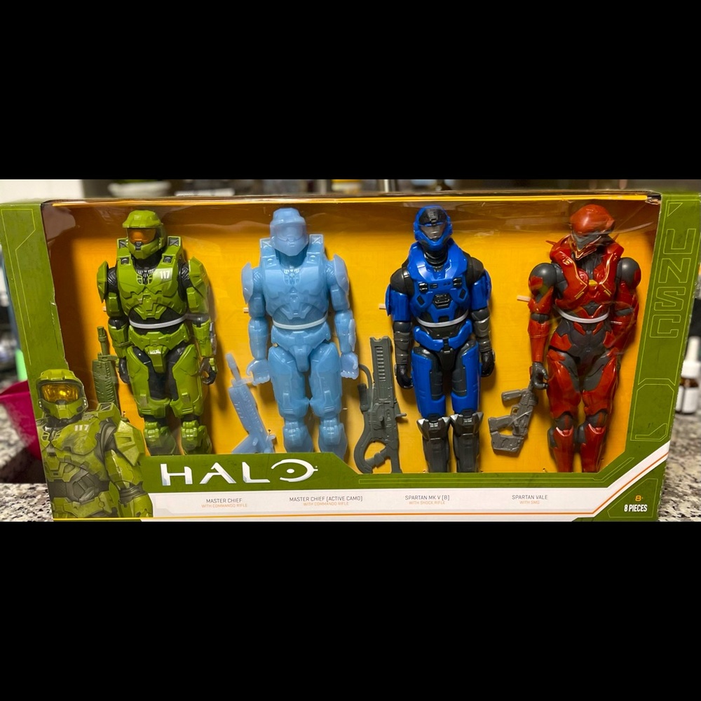 4pk halo tall action figures.  Brand new sealed movable poses